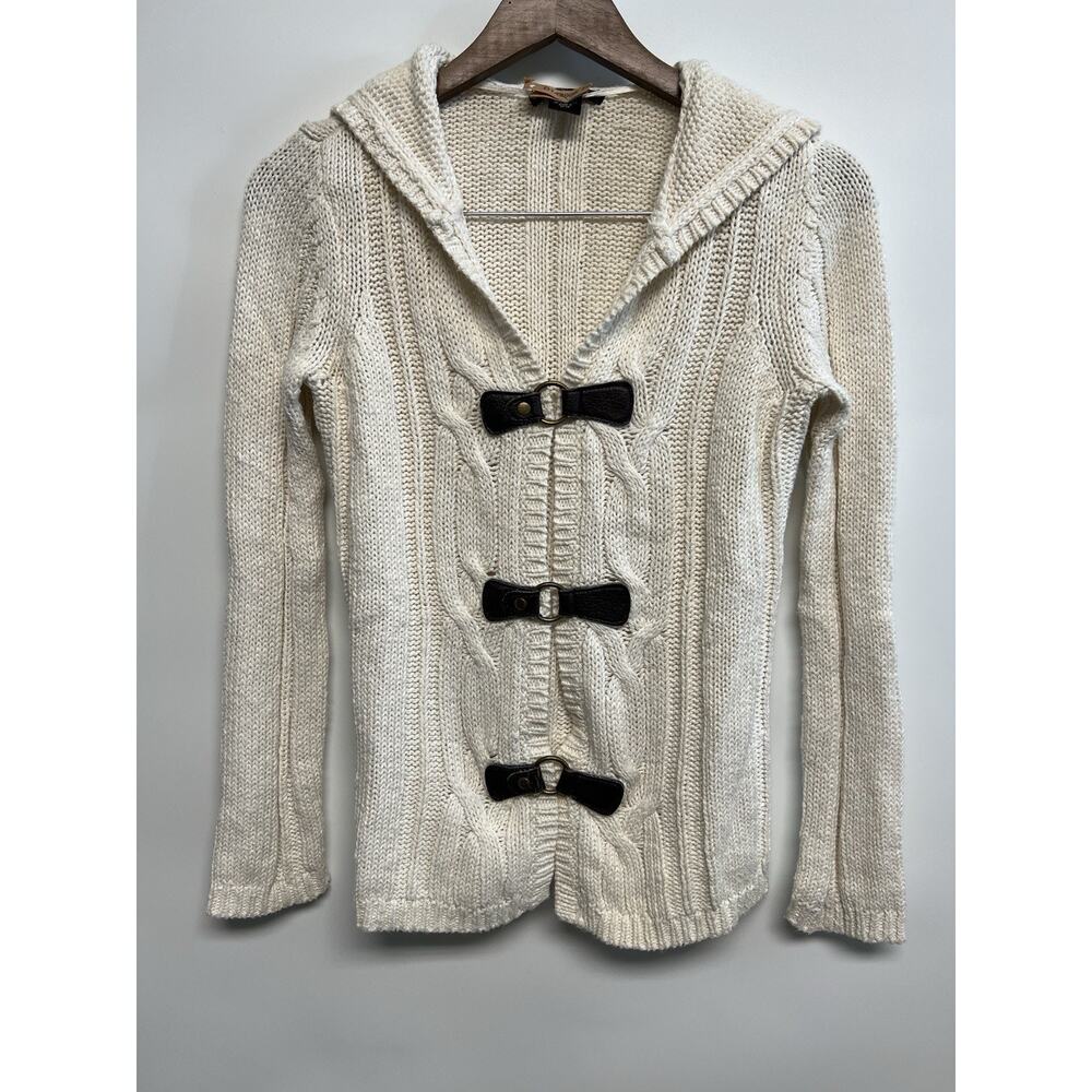 Y2K Hooded Toggle button Cable Knit Cardigan Sweater Small Equestrian Cape Cod - Picture 8 of 8
